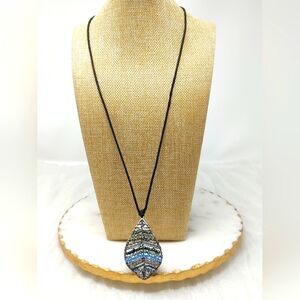 Karma Bella Blue and Silver Leaf Pendant Long Necklace